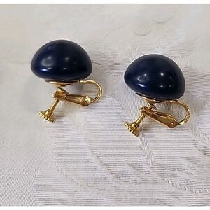 Vintage Signed Marvella Gold Tone Navy Blue Clip On Button Earrings